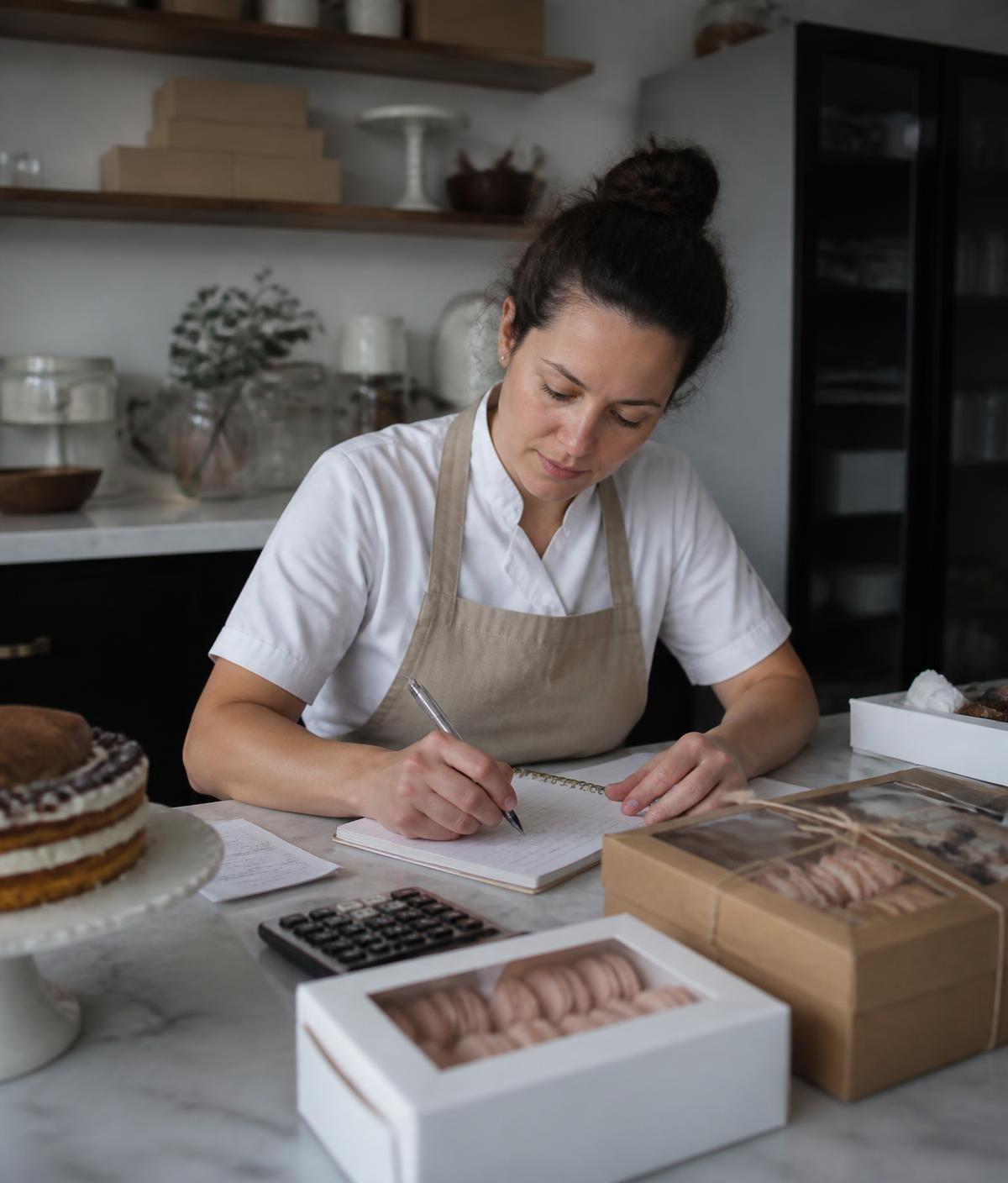 Confeiteira organizando pedidos e anotações ao lado de doces embalados